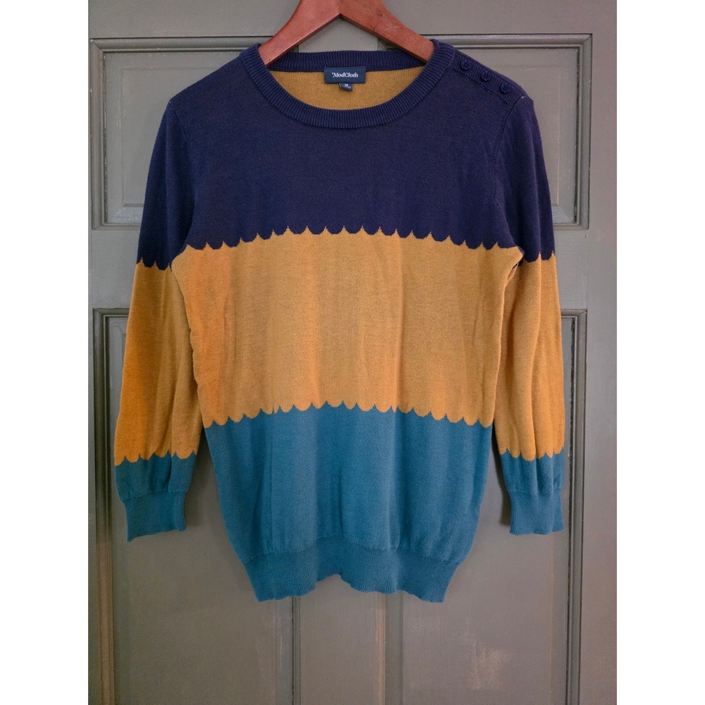 ModCloth Womens Scalloped Colorblock Sweater Navy Yellow Teal Button Shoulder M